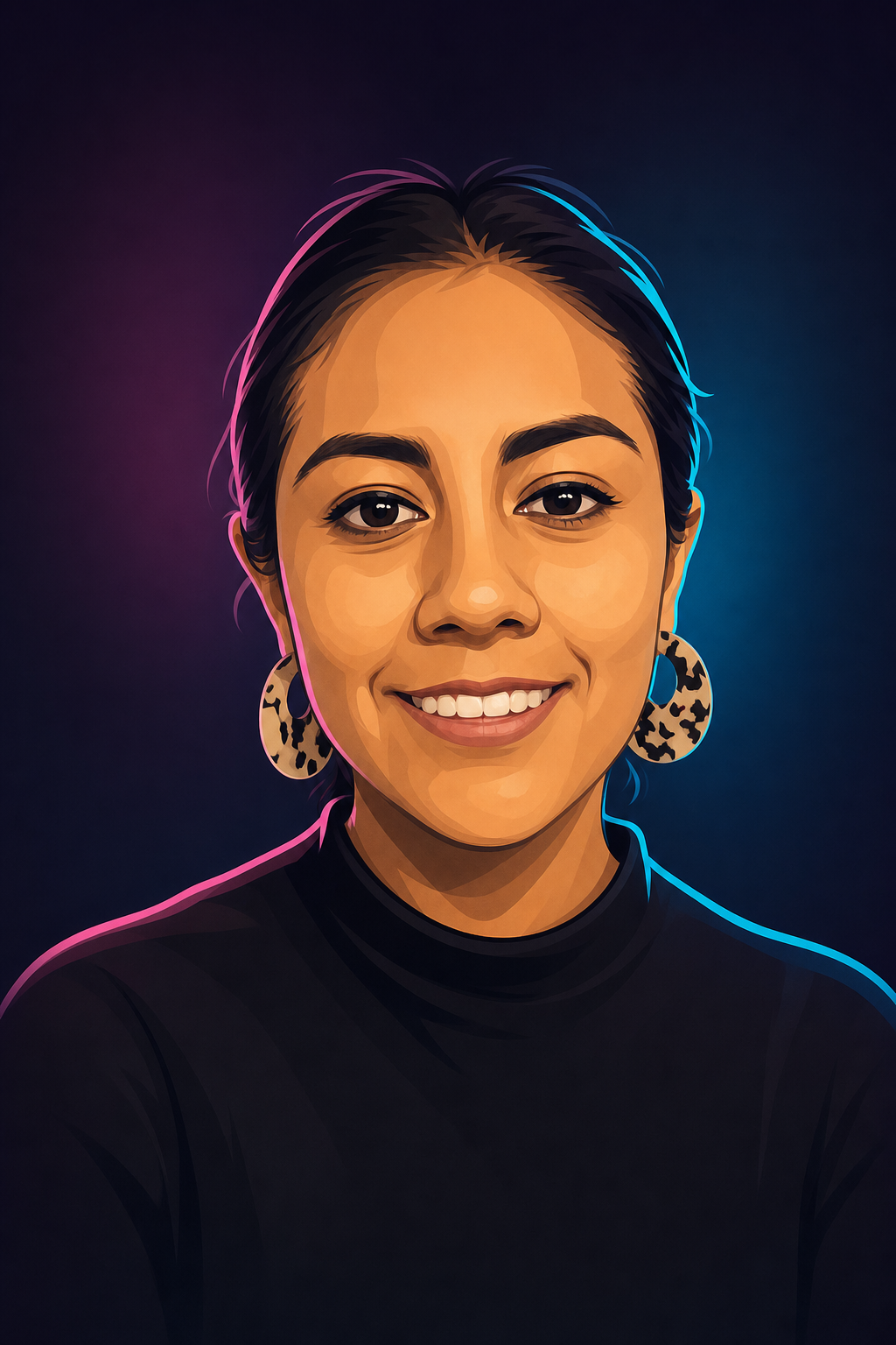 Cartoon avatar of Leslie with magenta and cyan lighting